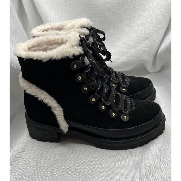 Tory Burch Women Cooper Suede Shearling Lined Lace-up Black Lug Boots size 8 - Picture 2 of 12
